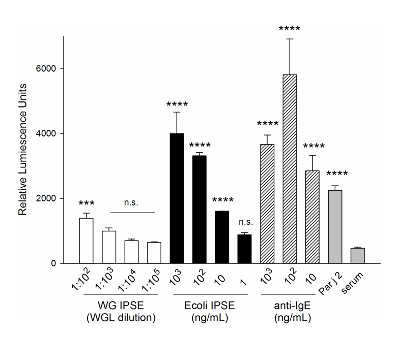 From Wan et al. Activation of RS-ATL8 reporter system by IgE binding factor IPSE/alpha-1 expressed in wheat germ (white bars) and E. coli (black bars).